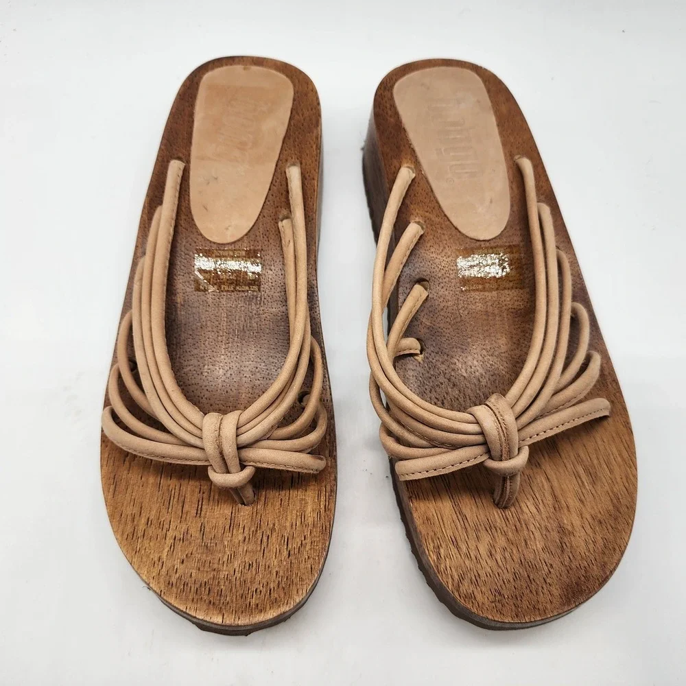 Bongo Vintage Y2K Wooden Platform Sandals Women's 8M Tan Leather Strappy Wedge